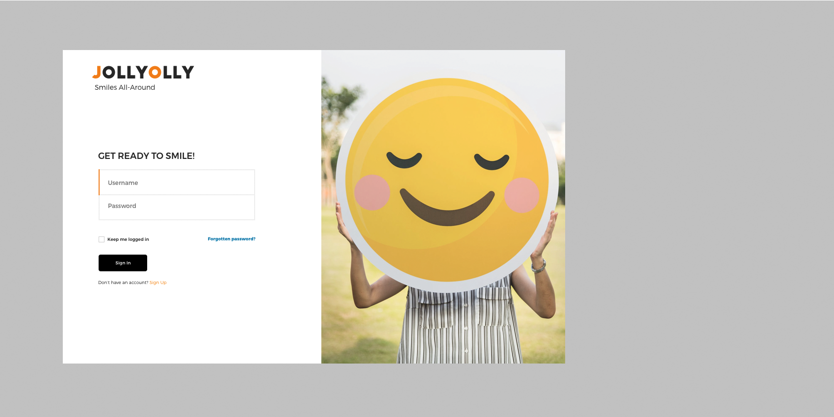 login page made with tagline 'get ready to smile' in mind by Katherine Delorme