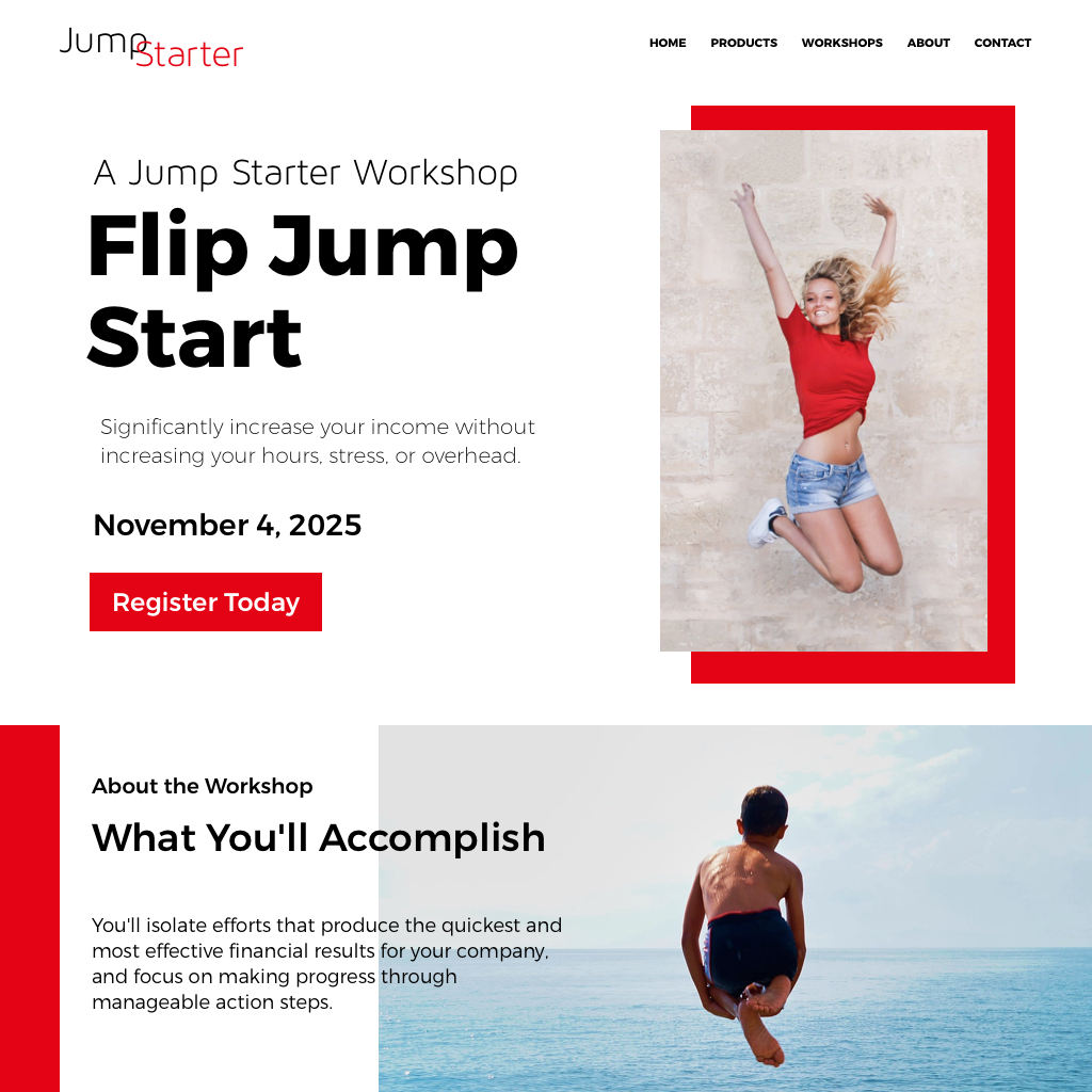 High fidelity mockup of the top portion of the workshop mockup with a featured image on the right and information on the left. With an image of a girl jumping in the air and below and boy jumping into water. By Katherine Delorme.